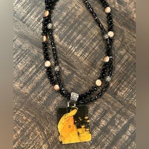 Chicos Enamel Geisha Girl Pendant Asian Black Glass Coin Pearl Strand Necklace